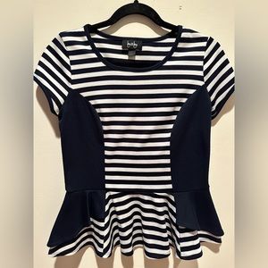NWOT By & By White and Navy Striped Ruffle Top